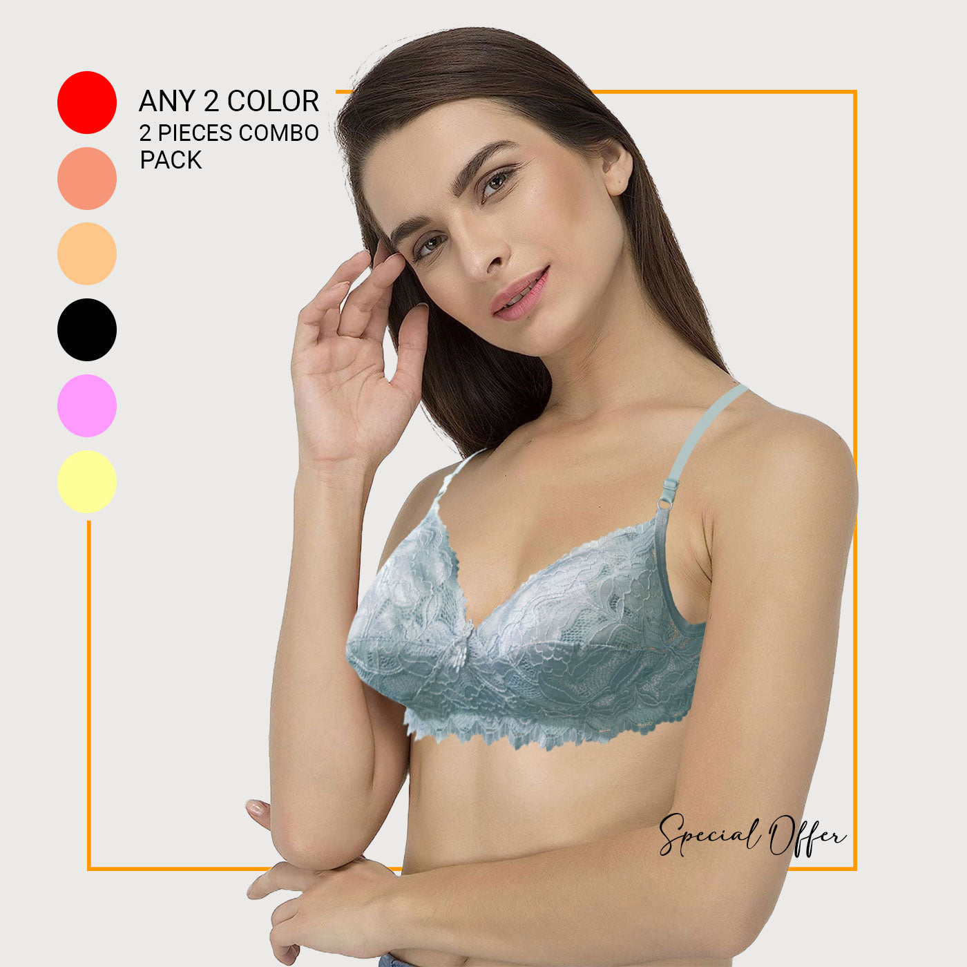 2 Pieces Combo Pack Juliet Maloti Lace Spandex Pad less Wire free Full coverage Bra BR21112 Qty=02