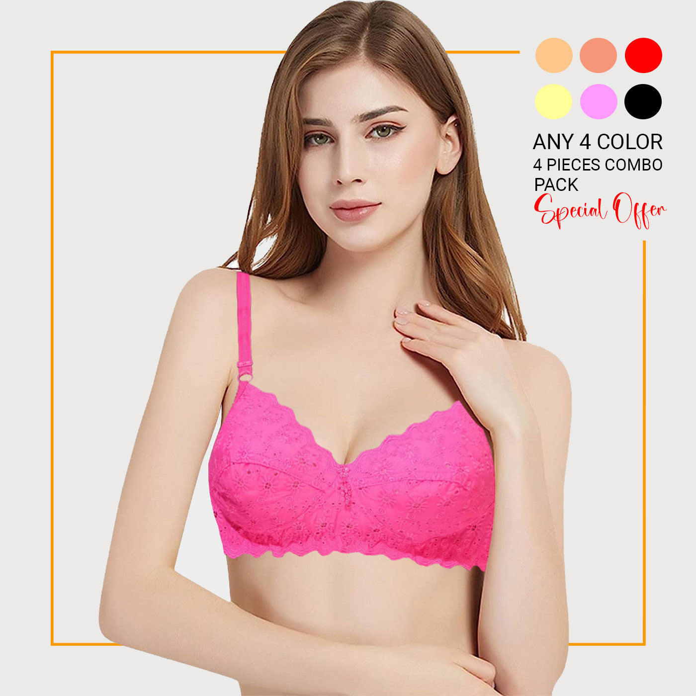 4 Pieces (1 Extra Gift=total 5 pieces) Combo Juliet Basanti Non Wired  Bra - BR23105-Qty04