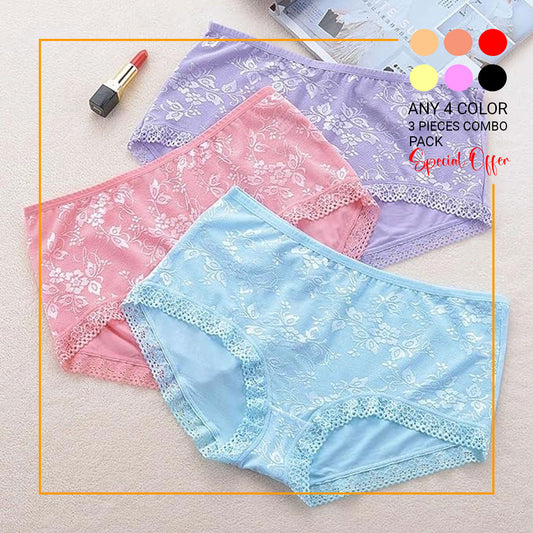 4 Color 4 Pieces Combo Offer Women's Full Coverage Lace Hipster Panty Briefs PA21114 Qty-04