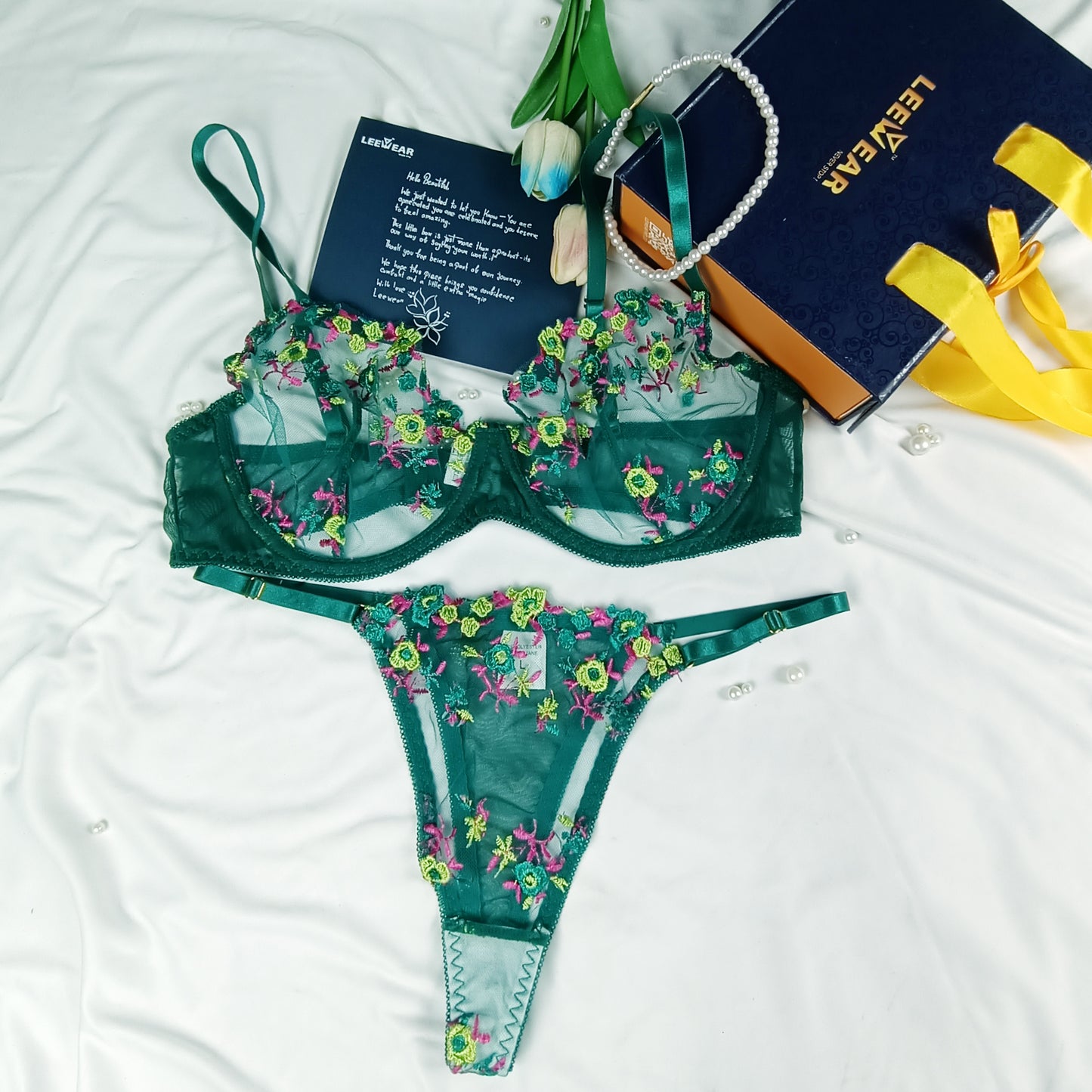 Romantic Heart Embroidered Sheer Lingerie Set – Push-Up Bra & Panty for Honeymoon