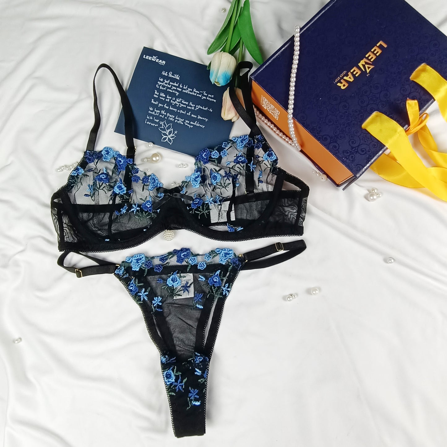 Romantic Heart Embroidered Sheer Lingerie Set – Push-Up Bra & Panty for Honeymoon