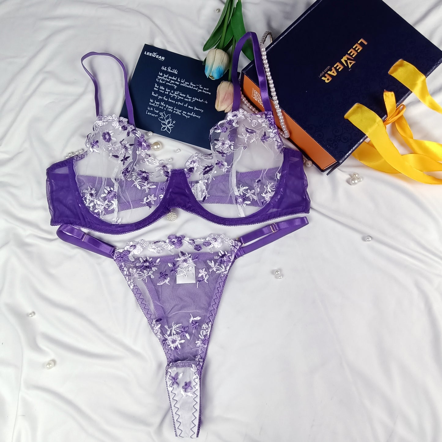 Romantic Heart Embroidered Sheer Lingerie Set – Push-Up Bra & Panty for Honeymoon