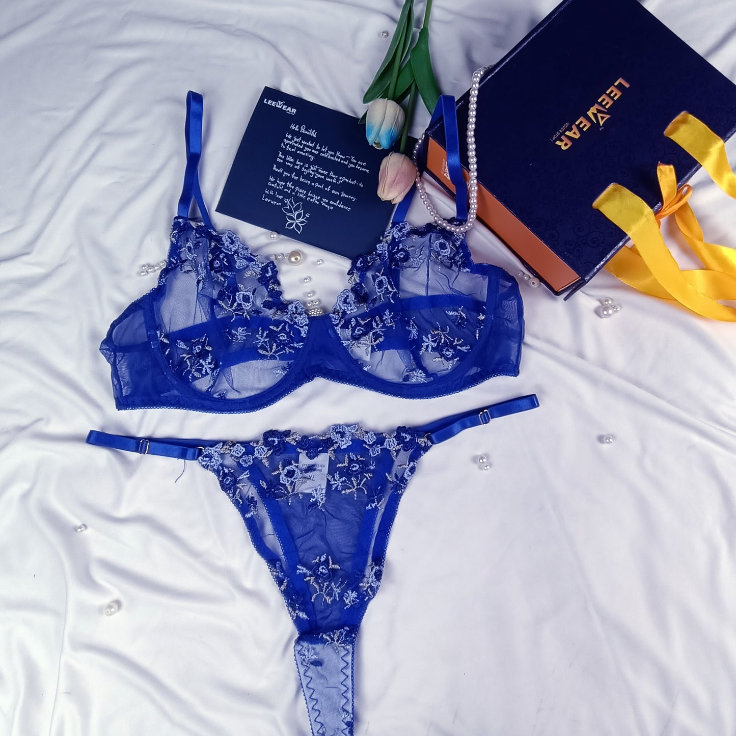 Romantic Heart Embroidered Sheer Lingerie Set – Push-Up Bra & Panty for Honeymoon