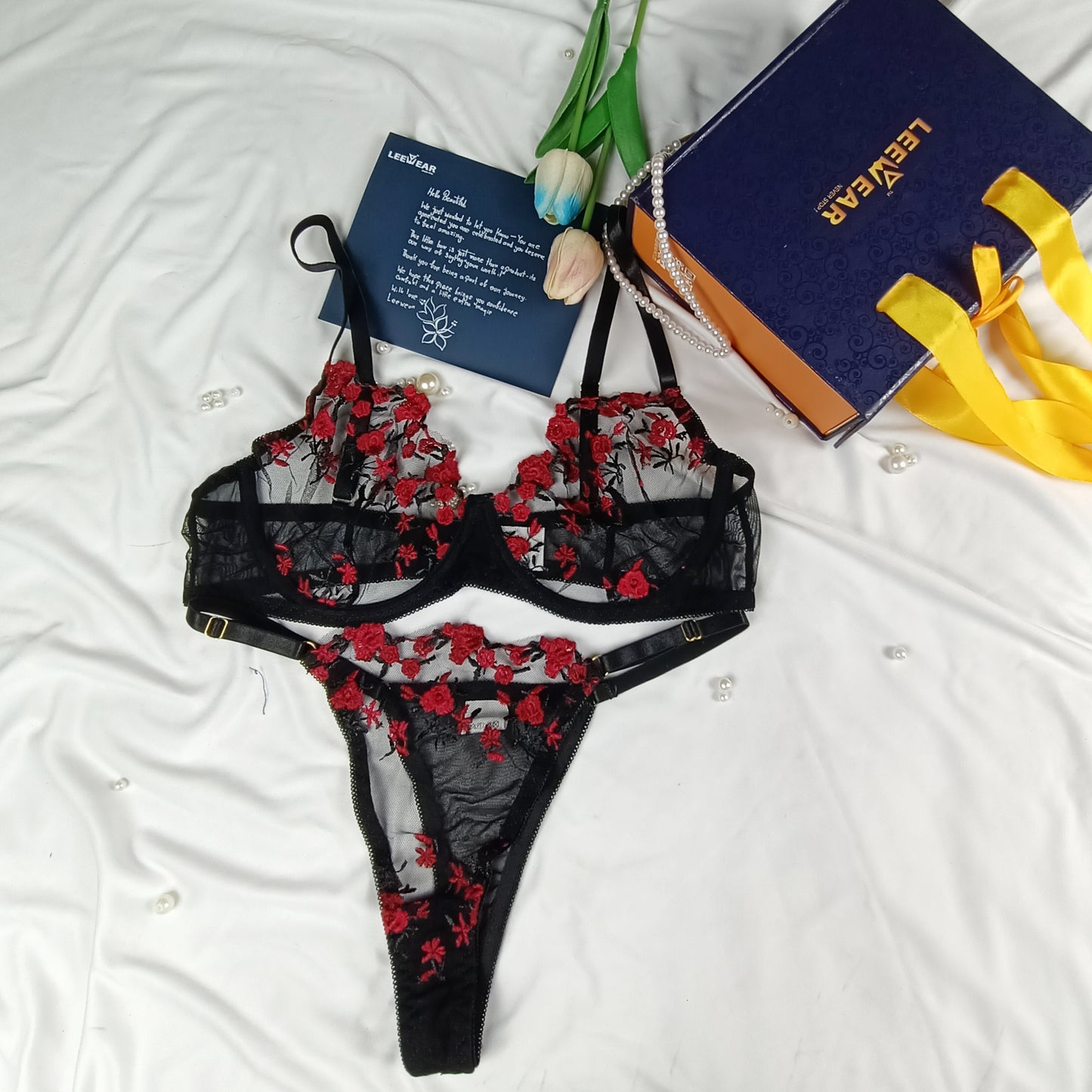 Romantic Heart Embroidered Sheer Lingerie Set – Push-Up Bra & Panty for Honeymoon