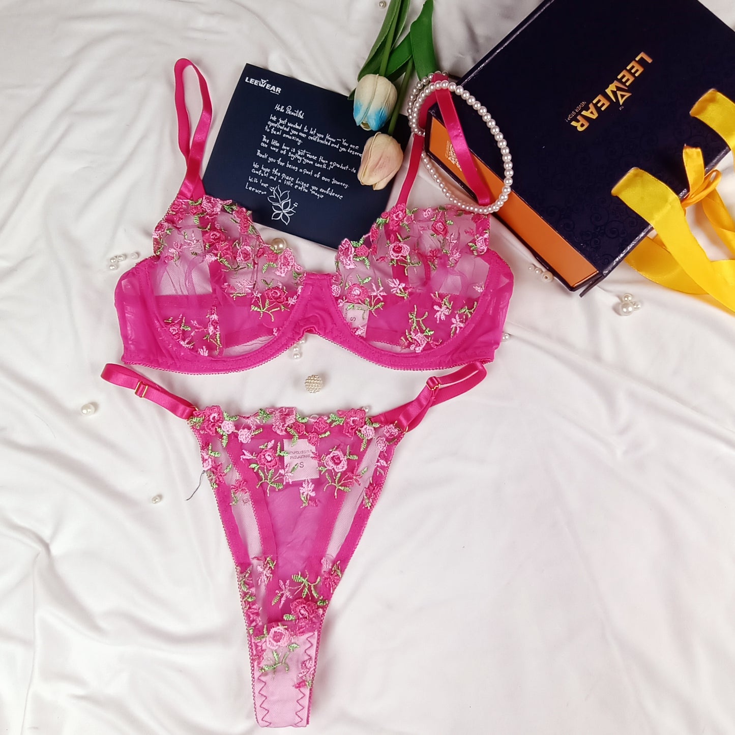 Romantic Heart Embroidered Sheer Lingerie Set – Push-Up Bra & Panty for Honeymoon