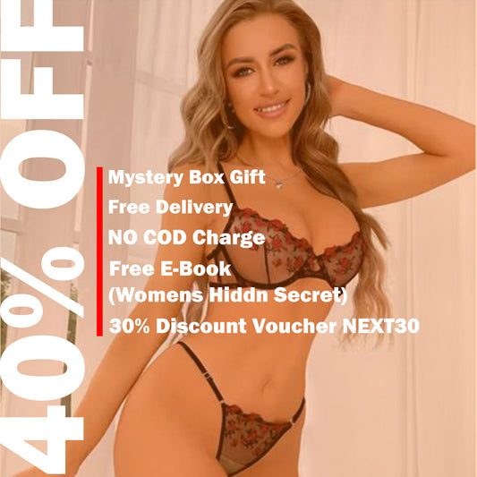 Romantic Heart Embroidered Sheer Lingerie Set – Push-Up Bra & Panty for Honeymoon