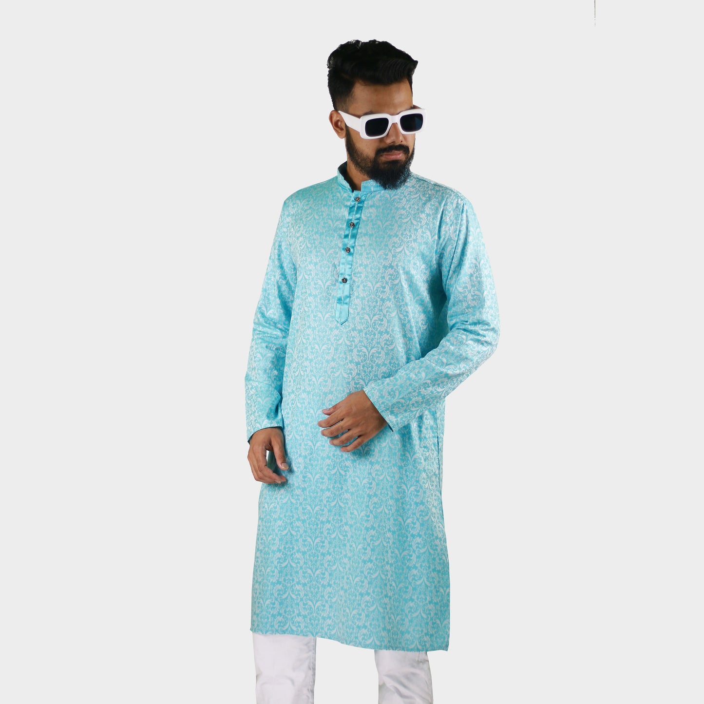 LeeWear men's jacquard cotton Punjabi kurta, mandarin collar, short placket, side pockets, long sleeves. PN21103