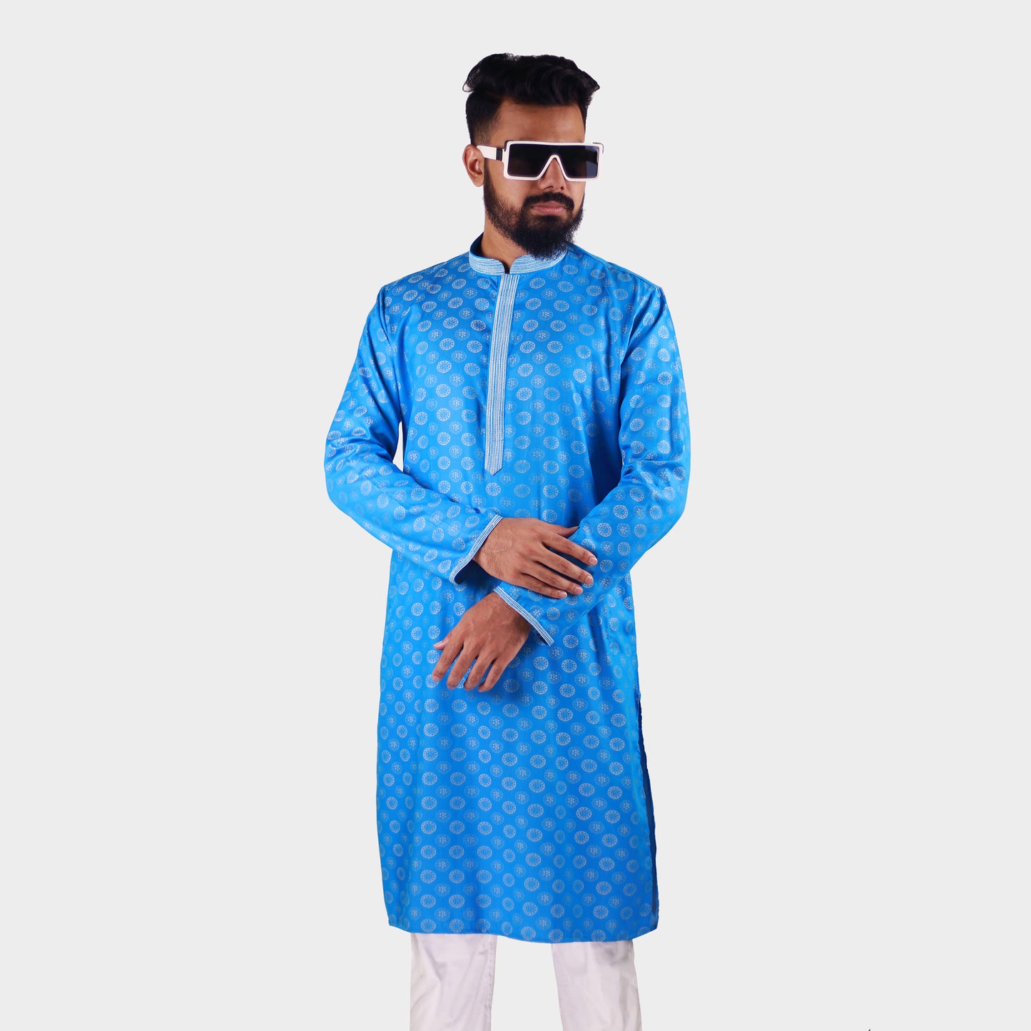 LeeWear men's jacquard cotton Punjabi kurta, mandarin collar, short placket, side pockets, long sleeves. PN21105