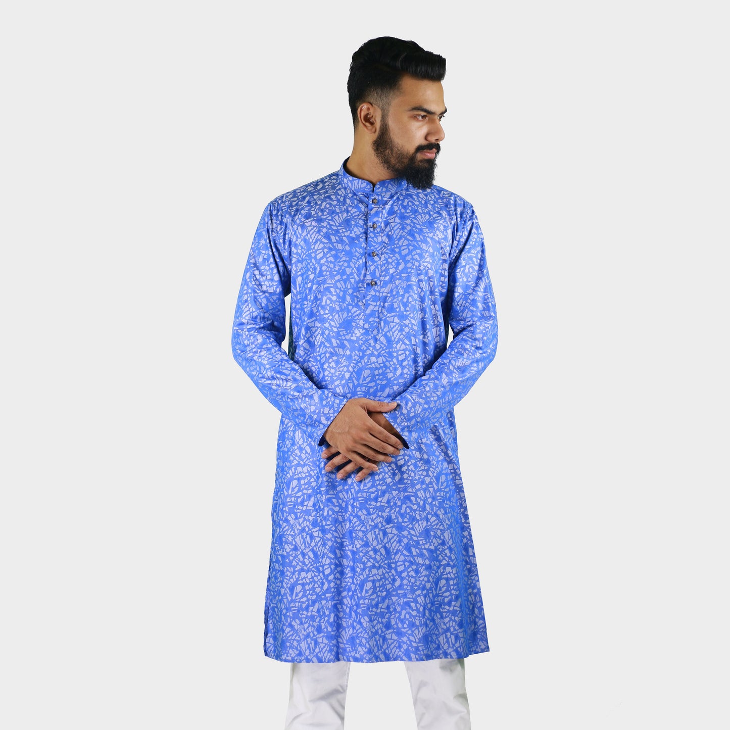 LeeWear men's jacquard cotton Punjabi kurta, mandarin collar, short placket, side pockets, long sleeves. PN21104