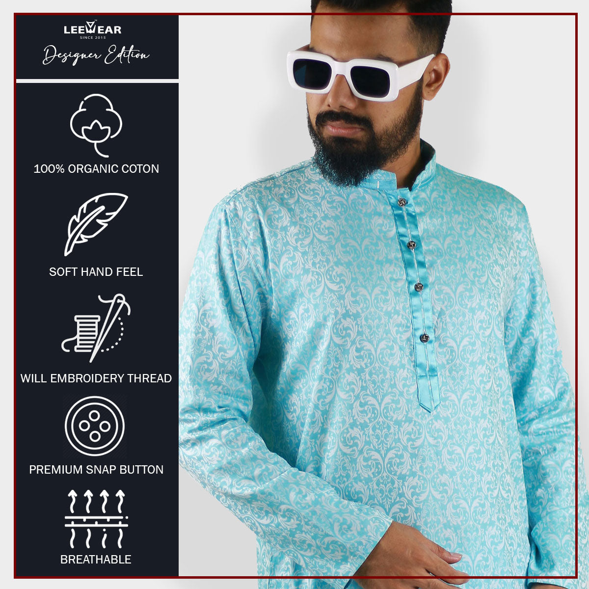 LeeWear men's jacquard cotton Punjabi kurta, mandarin collar, short placket, side pockets, long sleeves. PN21103