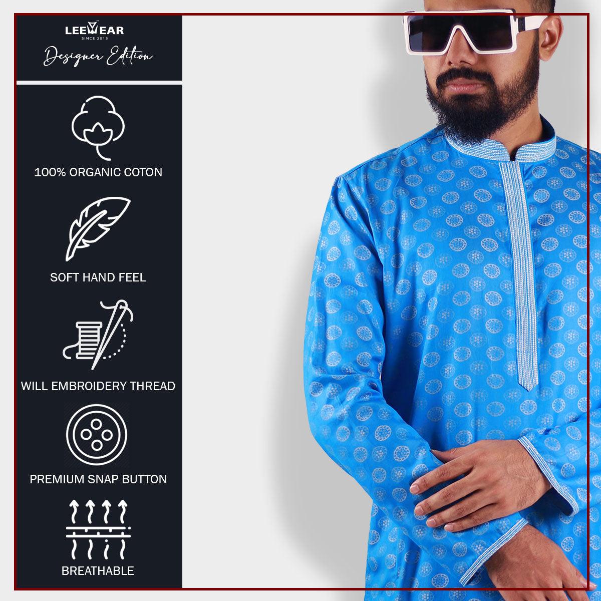 LeeWear men's jacquard cotton Punjabi kurta, mandarin collar, short placket, side pockets, long sleeves. PN21105