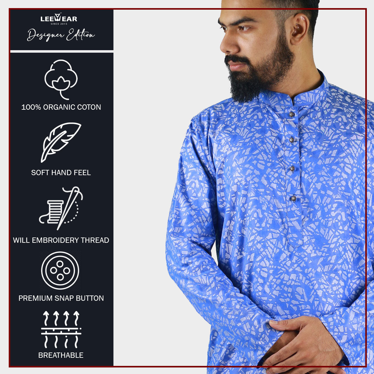 LeeWear men's jacquard cotton Punjabi kurta, mandarin collar, short placket, side pockets, long sleeves. PN21104