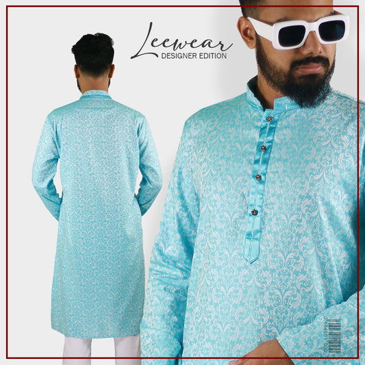 LeeWear men's jacquard cotton Punjabi kurta, mandarin collar, short placket, side pockets, long sleeves. PN21103