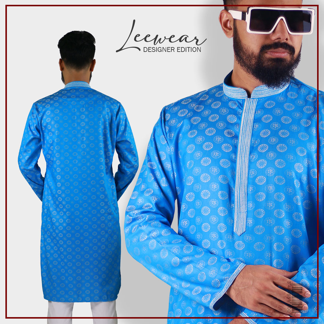 LeeWear men's jacquard cotton Punjabi kurta, mandarin collar, short placket, side pockets, long sleeves. PN21105