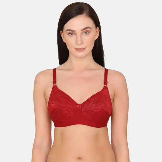 Standard Lace Spandex Non-padded, double-layered cups Wire-free for comfort Full coverage Bra Red BR21110