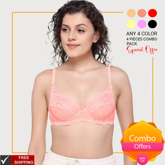 4 Pieces Combo Pack Juliet Kajol Lace Spandex Pad less Wire free Full coverage Bra BR23102 Qty=04