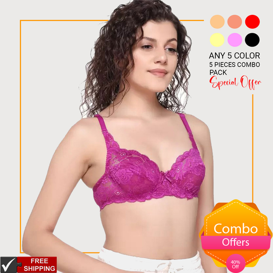 5 Pieces Combo Pack Juliet Kajol Lace Spandex Pad less Wire free Full coverage Bra BR23102 Qty=05