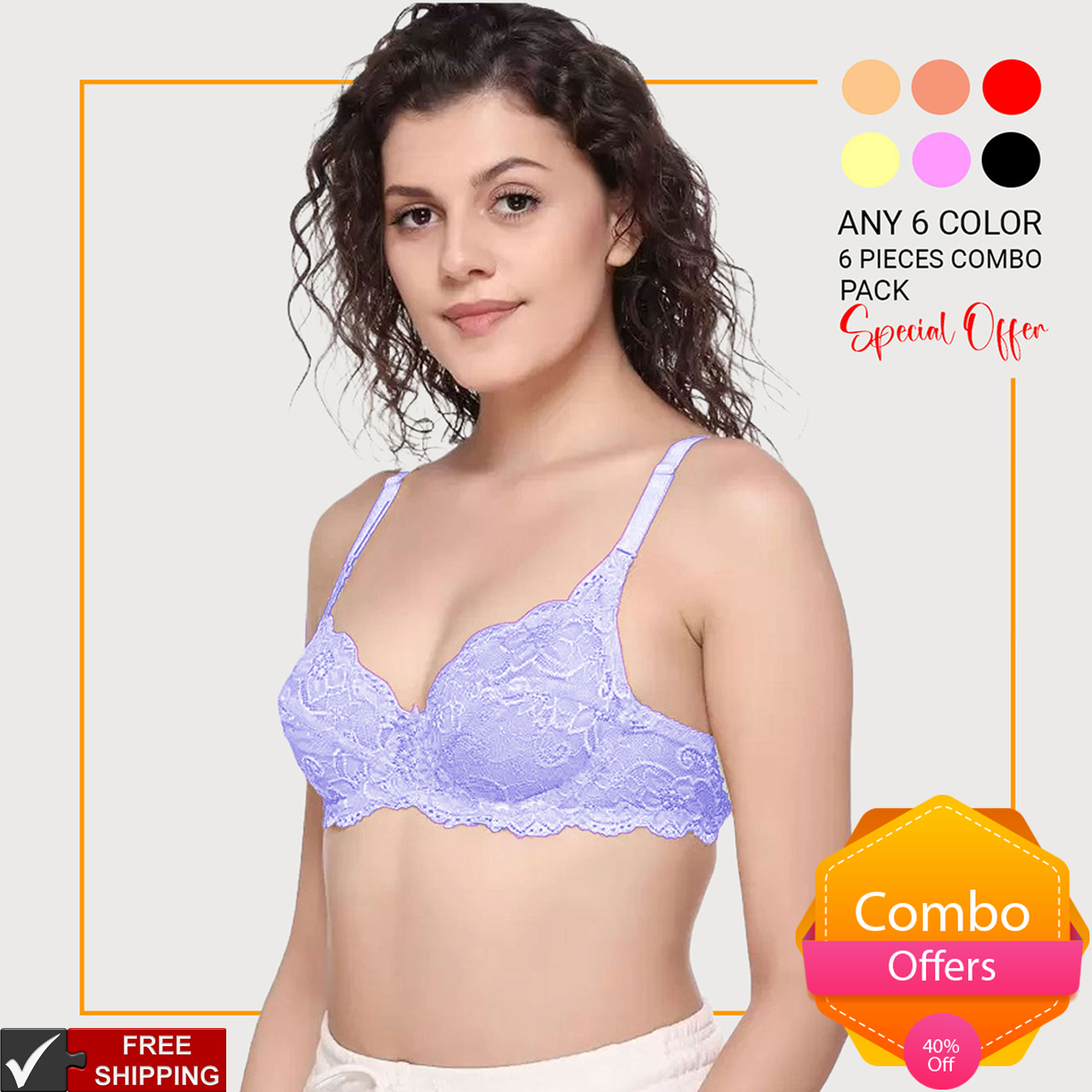 6 Pieces Combo Pack Juliet Kajol Lace Spandex Pad less Wire free Full coverage Bra BR23102 Qty=06