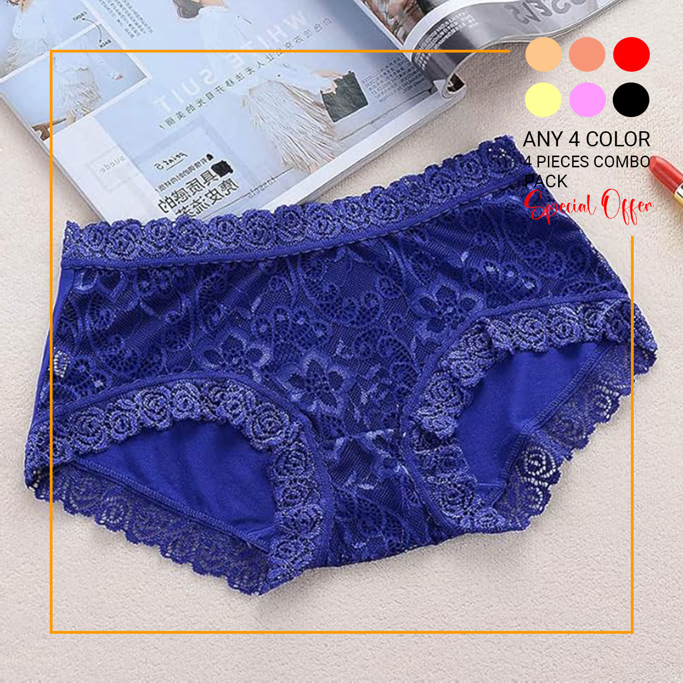 4 Pieces Combo Offer Women Girls Full Coverage Lace Hipster Panty Underwear Briefs PA21110 Qty-04