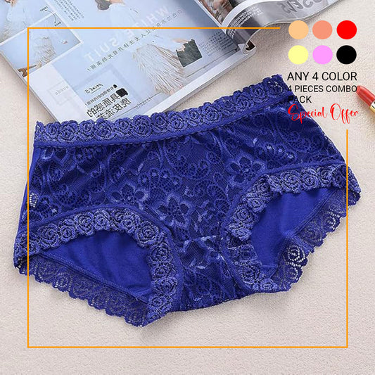 4 Pieces Combo Offer Women Girls Full Coverage Lace Hipster Panty Underwear Briefs PA21110 Qty-04