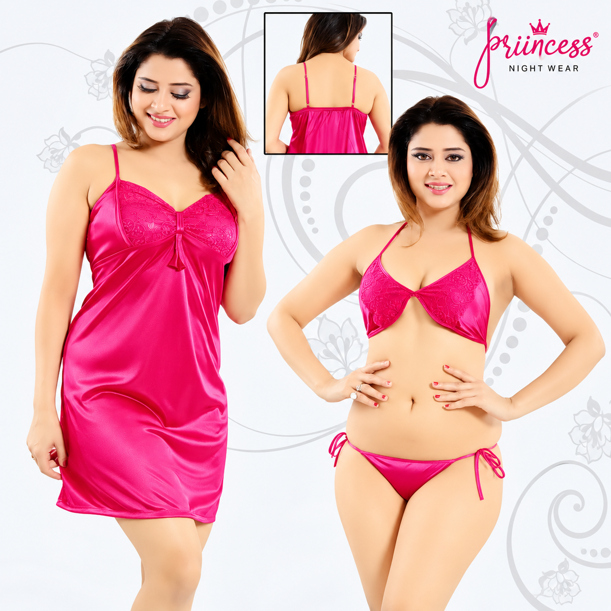 Long Nighty & Robe Set - Satin Pink 4487