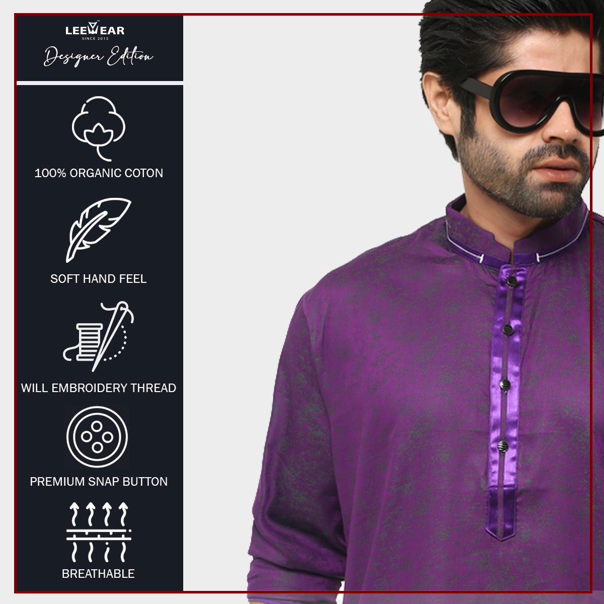 LeeWear men's jacquard cotton Punjabi kurta, mandarin collar, short placket, side pockets, long sleeves. PN21116