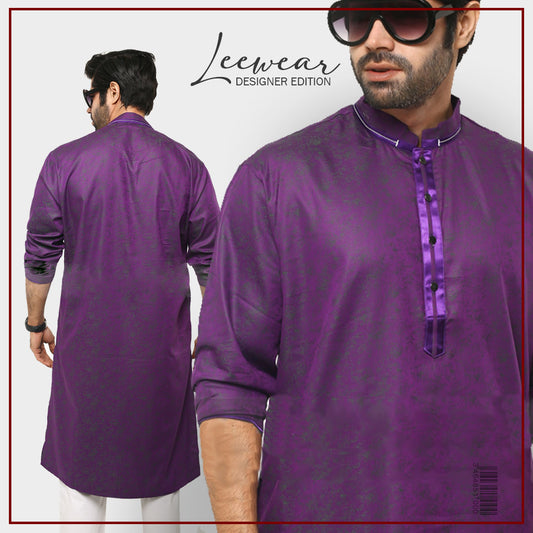 LeeWear men's jacquard cotton Punjabi kurta, mandarin collar, short placket, side pockets, long sleeves. PN21116
