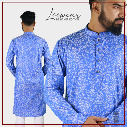 LeeWear men's jacquard cotton Punjabi kurta, mandarin collar, short placket, side pockets, long sleeves. PN21104